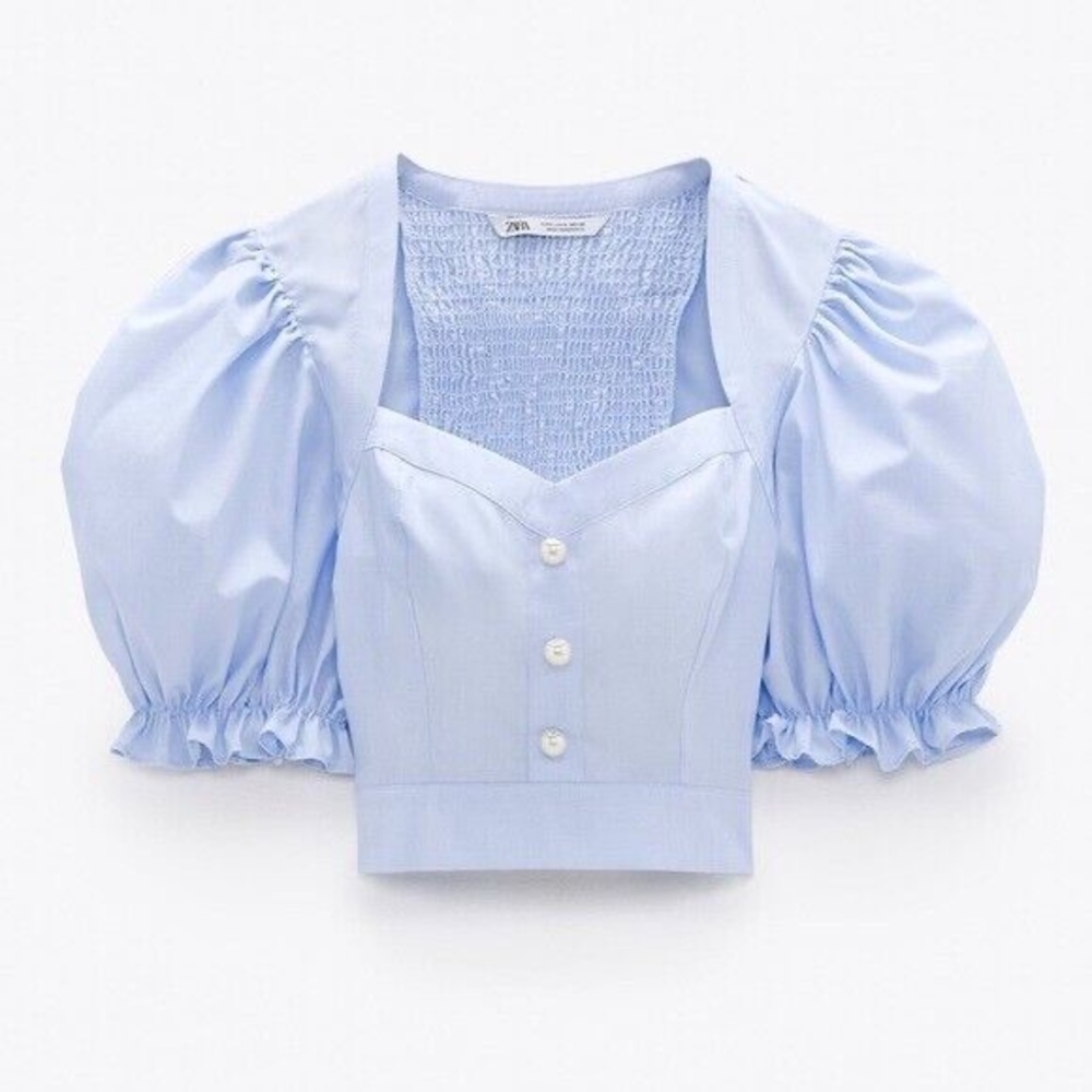 NWT Zara PEARL BUTTON CROP TOP Size XS Blue 7755/485/406 - Picture 2 of 8